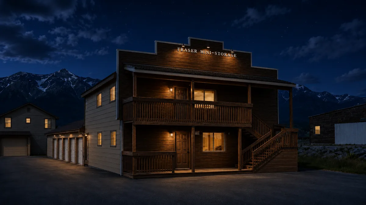 Fraser Mini Storage facility at night with illuminated building
